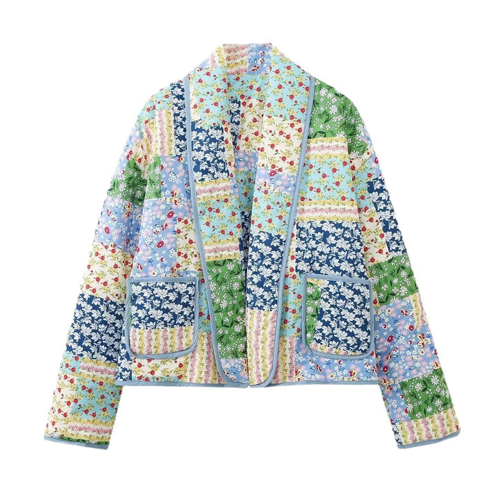 Women's Short Cropped Quilted Patchwork Jacket with Patch Pockets Mune Fashion