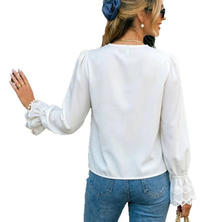Women's lace blouse with V-neck, crochet trim and button placket Mune Fashion