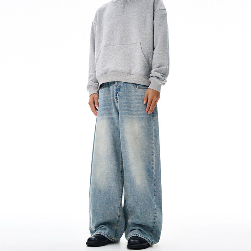 Women Wide Flared Floor-Length Palazzo Denim Jeans with Vintage Fade and Straight Hem Mune Fashion