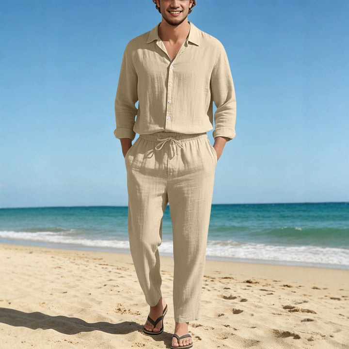 Men's relaxed linen set with open shirt collar and loose drawstring pants Mune Fashion