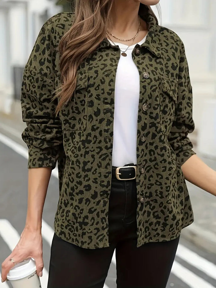 Women's Oversize Shirt Jacket in Cord Look with Leopard Print Mune Fashion