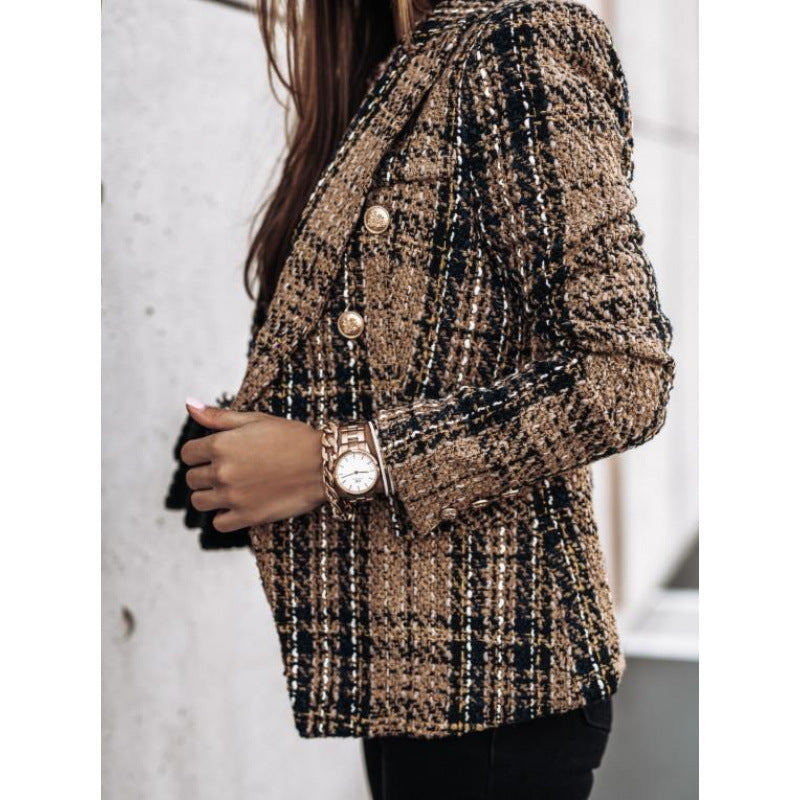 Ladies elegant tweed blazer with double button, textured weave and patch pockets Mune Fashion