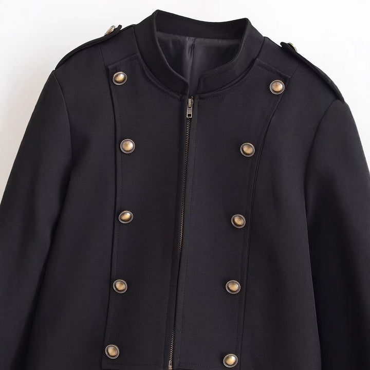 Ladies fitted short jacket in military style with decorative double-button placket, zipper, and shoulder epaulettes Mune Fashion