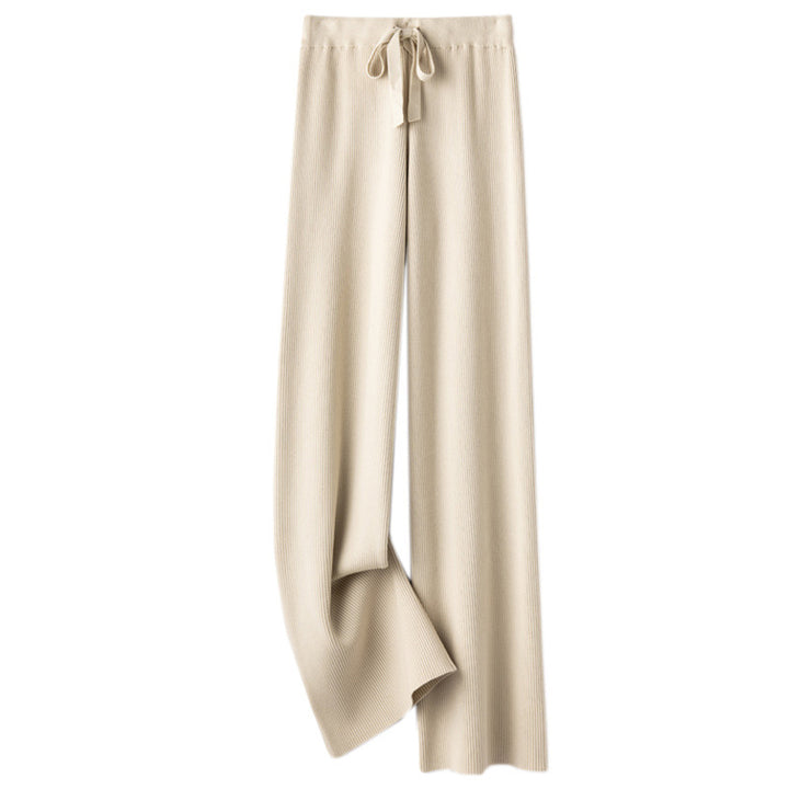 Women’s Wide Ribbed Knit Pants with Drawstring and Flowing Palazzo Silhouette Mune Fashion