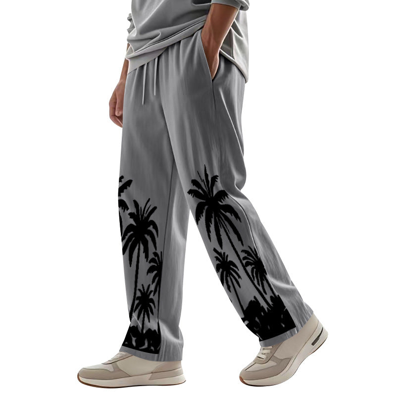 Men's wide leisure pants made of cotton-linen blend with palm print, elastic waistband and drawstring Mune Fashion