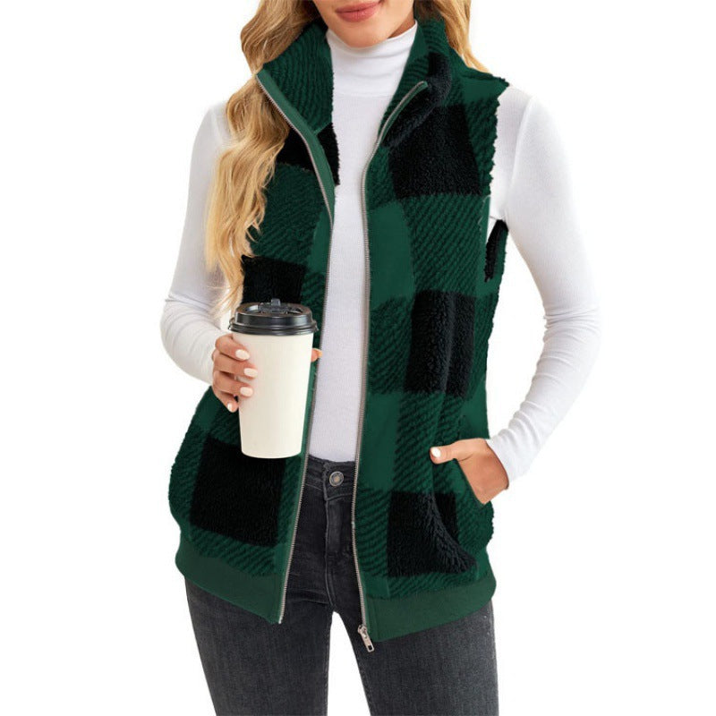 Ladies Checked Teddy Vest with Stand-Up Collar, Zipper and Side Pockets Mune Fashion