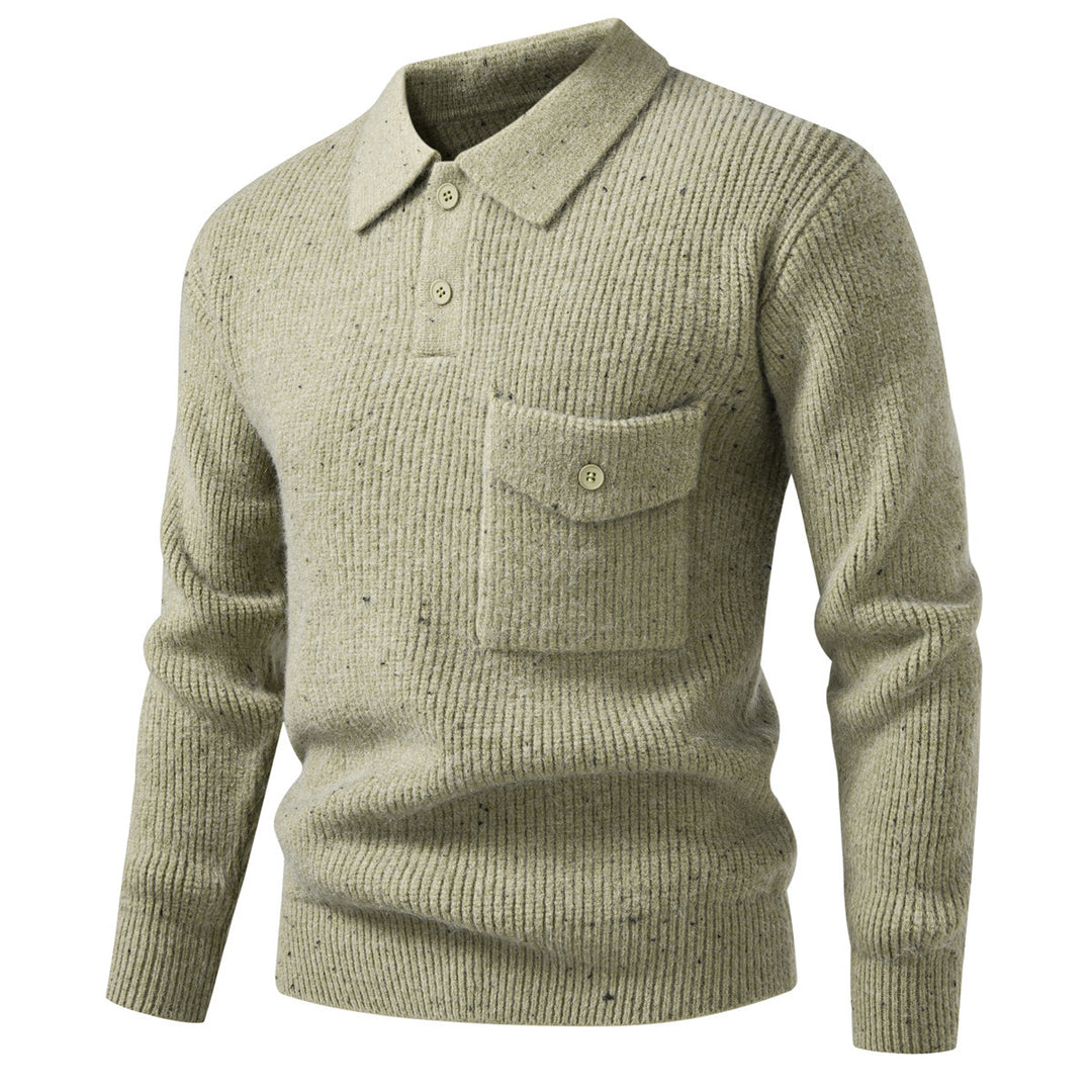 Men's ribbed knit polo collar sweater with patch chest pocket Mune Fashion