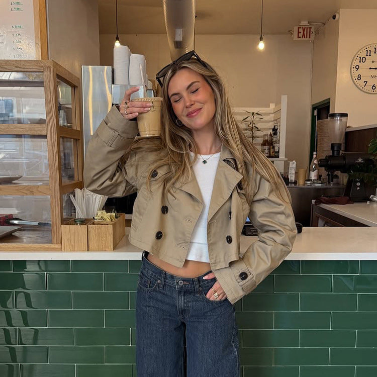 Women's Short-Cut Trench Blouson with Double-Breasted Button Placket and Shortened Silhouette Mune Fashion