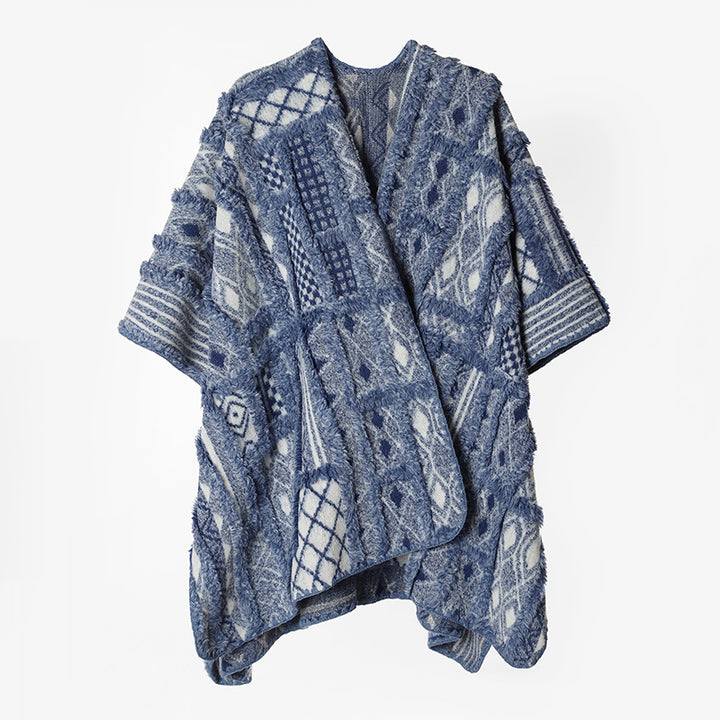 Women's Structured Jacquard Ruana Poncho with Fringe Look and Open Oversize Silhouette