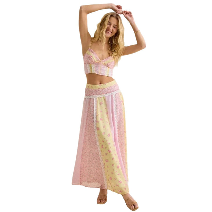 Women romantic crop top with spaghetti straps and tiered patchwork maxi skirt Mune Fashion