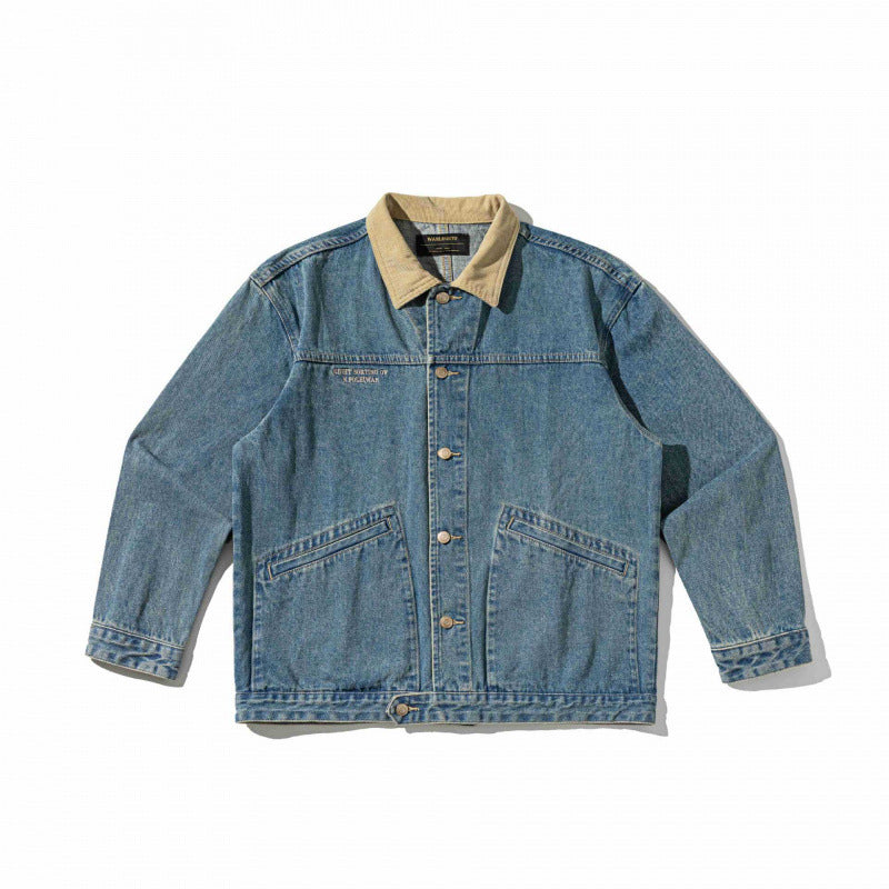 Unisex Boxy-Denim-Bomber Jacket with Cord Collar and Slanted Flap Pockets Mune Fashion