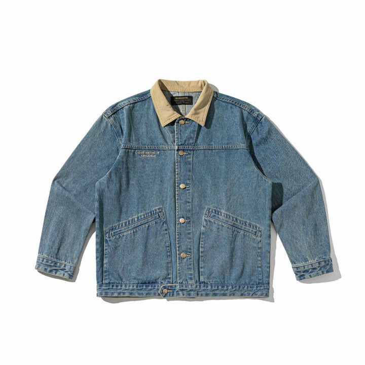 Unisex Boxy-Denim-Bomber Jacket with Cord Collar and Slanted Flap Pockets Mune Fashion