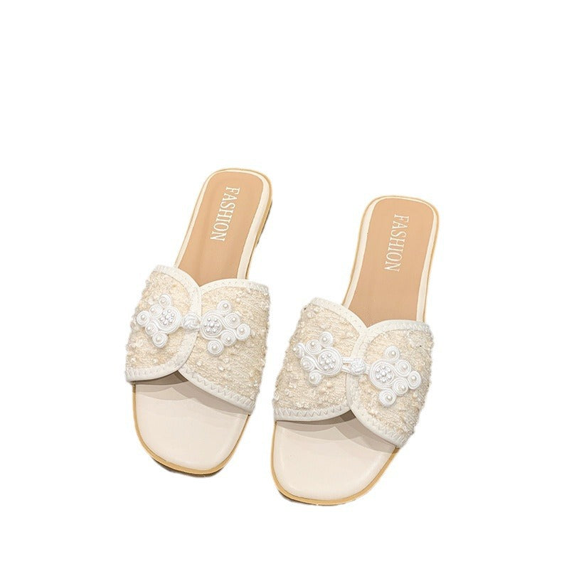 Women's elegant mule with square toe section bouclé upper material and pearl embellishment Mune Fashion
