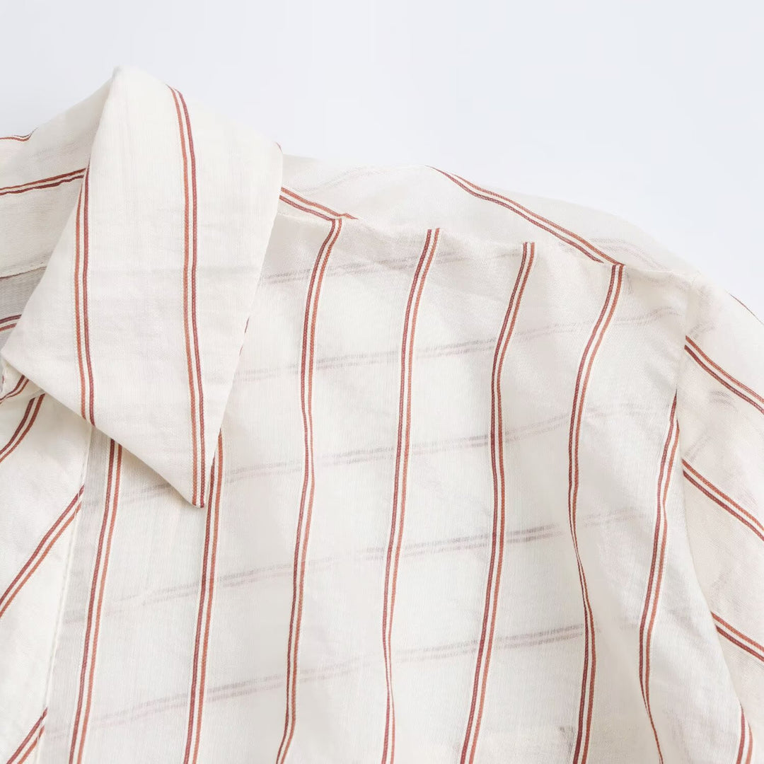 Women's Striped Blouse with Knot Front and Shirt Collar Drune