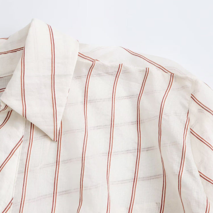 Women's Striped Blouse with Knot Front and Shirt Collar Drune