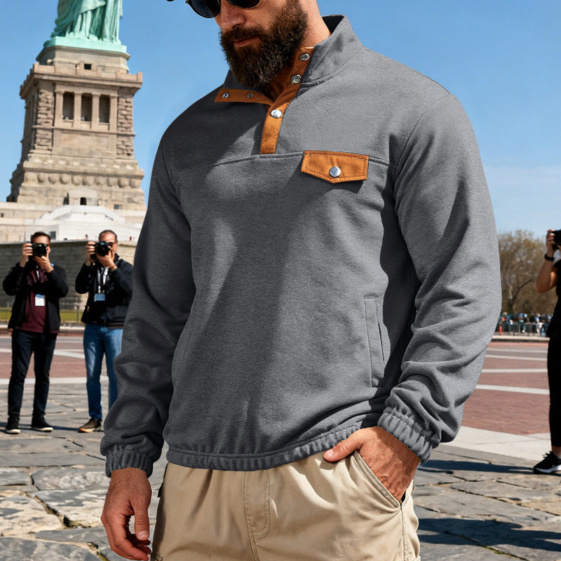 Men's functional sweat with stand-up collar, snap button placket and faux leather trim Mune Fashion