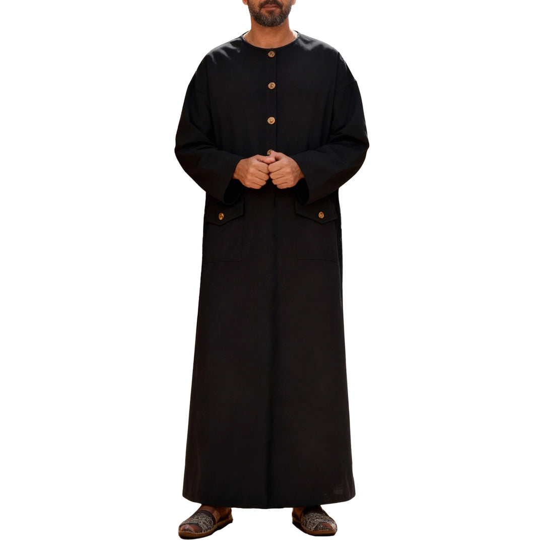 Men's long minimalist coat with round neckline, continuous button placket, and applied flap pockets Mune Fashion