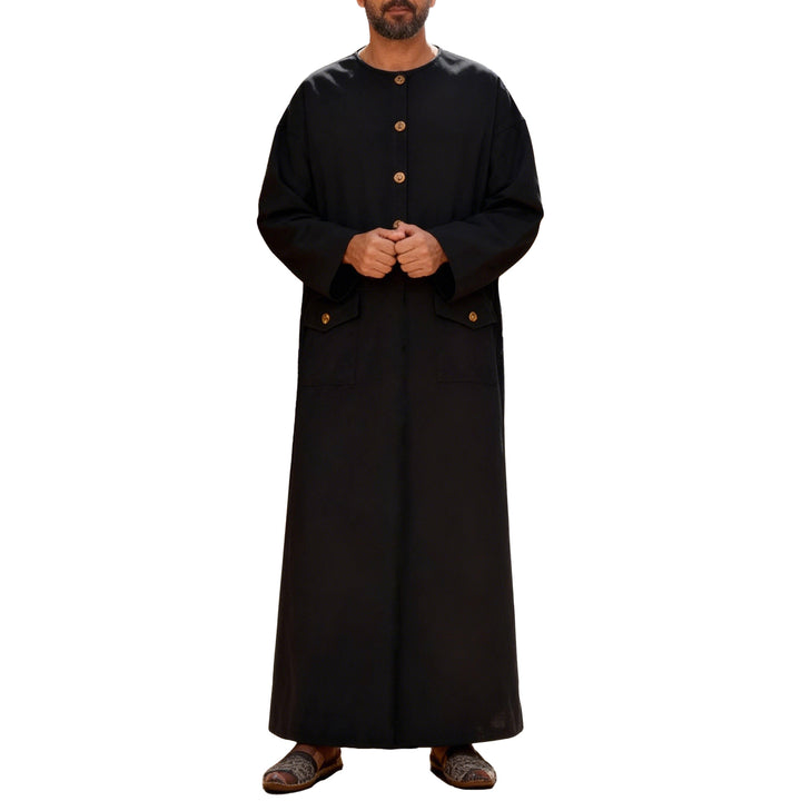 Men's long minimalist coat with round neckline, continuous button placket, and applied flap pockets Mune Fashion