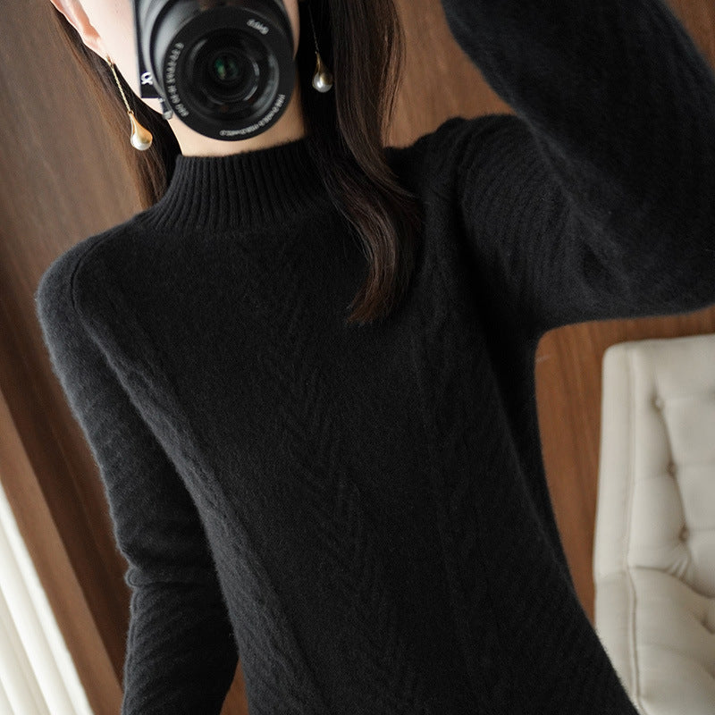 Women Lightweight Mohair-Look Stand Collar Sweater with Cable-Lace and Tailored Silhouette Mune Fashion