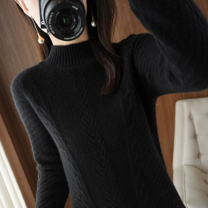 Women Lightweight Mohair-Look Stand Collar Sweater with Cable-Lace and Tailored Silhouette Mune Fashion