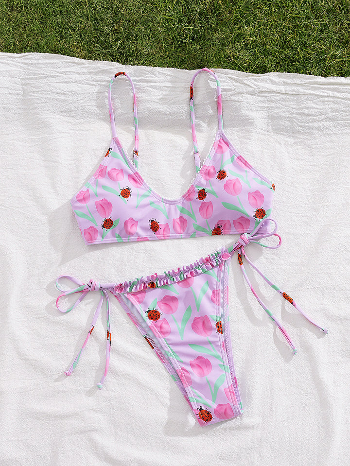 Women's triangle bikini with colorful floral pattern and adjustable ties Mune Fashion