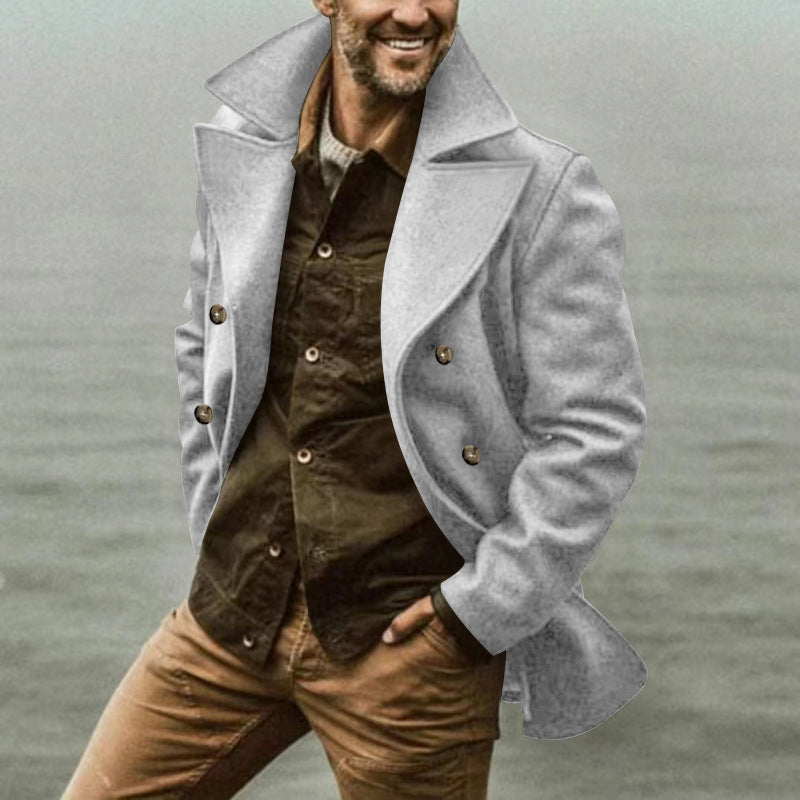Men's short coat in marine style made of wool blend with double button placket and large lapel Mune Fashion