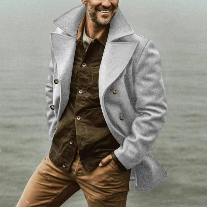 Men's short coat in marine style made of wool blend with double button placket and large lapel Mune Fashion