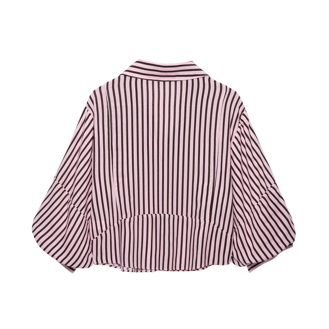 Women's Striped Oversize Blouse with Balloon Sleeves and Full Button Placket Drune