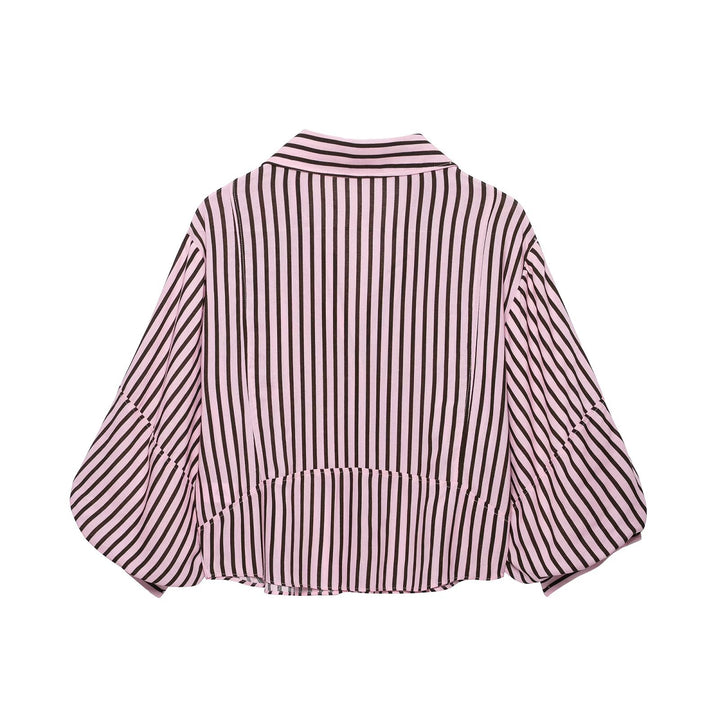 Women's Striped Oversize Blouse with Balloon Sleeves and Full Button Placket Drune