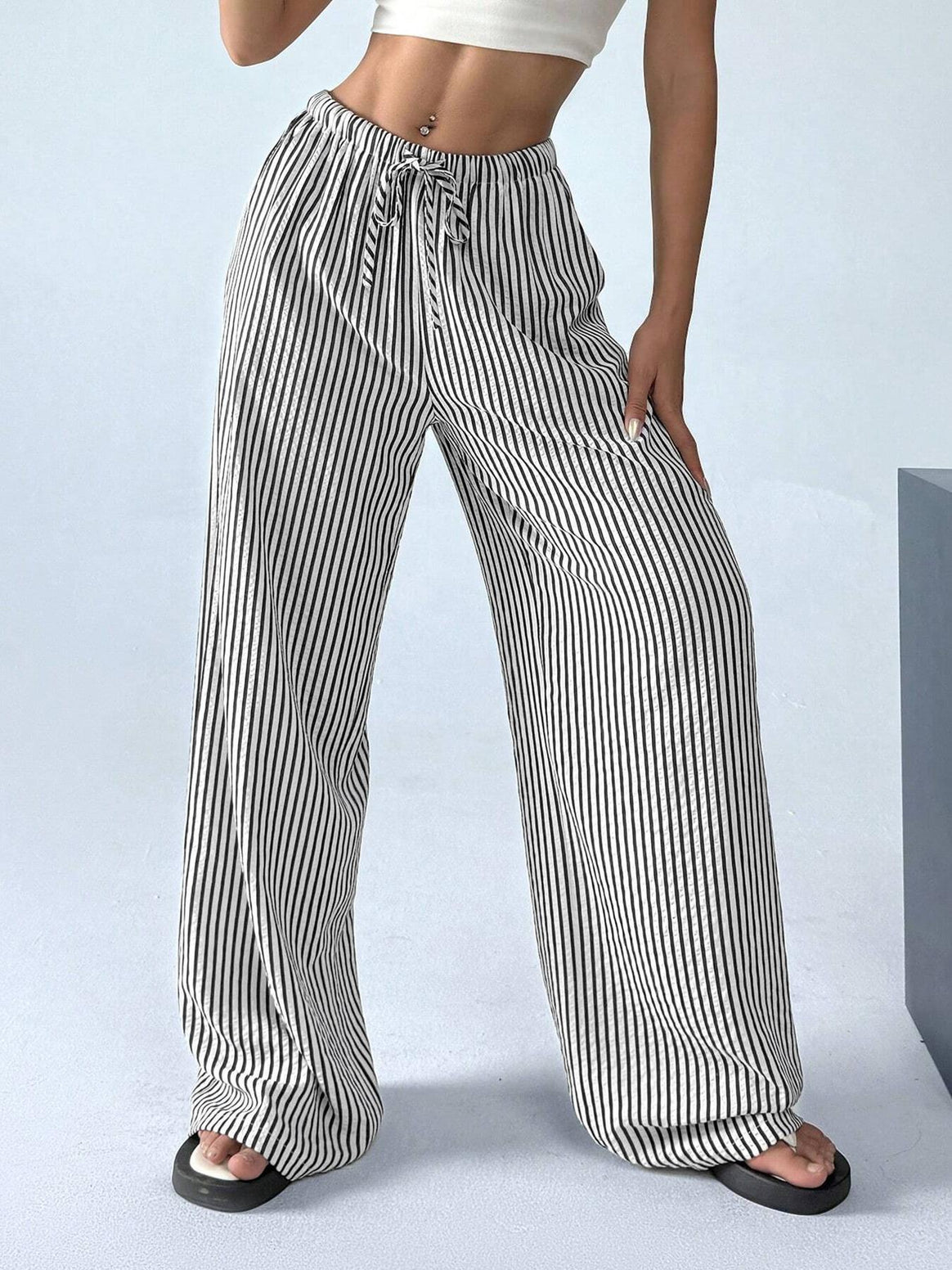 Women's Wide High Waist Pants with Drawstring Stripes Linen Look and Side Pockets Mune Fashion