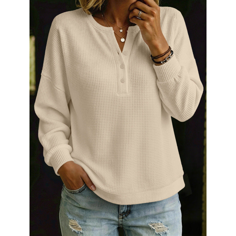 Women's Waffle Knit Henley Sweater with Oversized Cut Mune Fashion