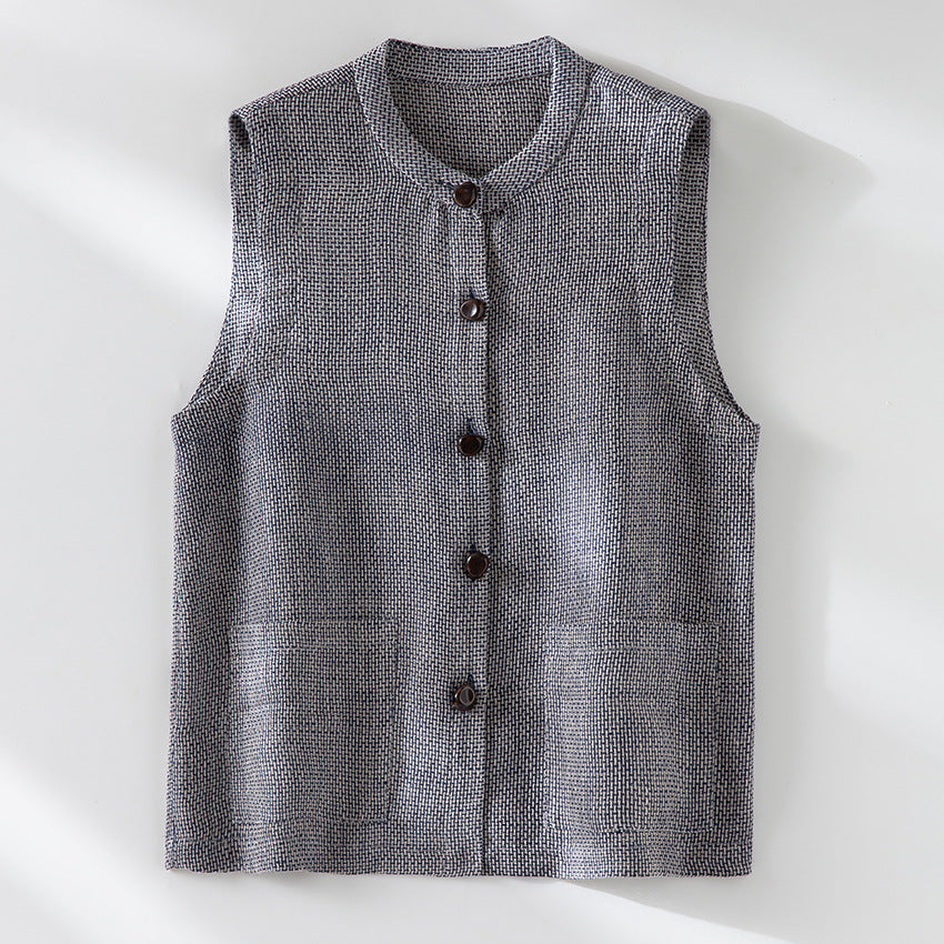 Women's sleeveless knit vest with stand-up collar, button placket, and patch pockets Mune Fashion