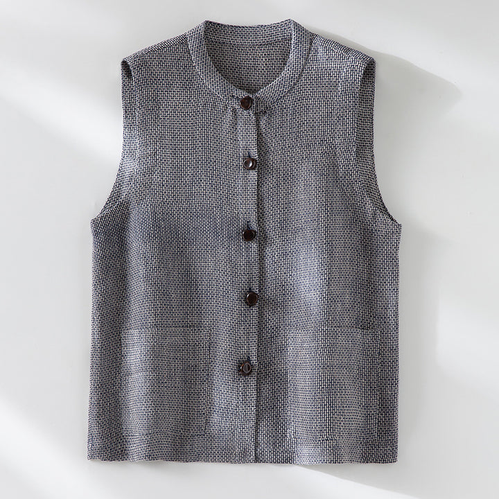 Women's sleeveless knit vest with stand-up collar, button placket, and patch pockets Mune Fashion