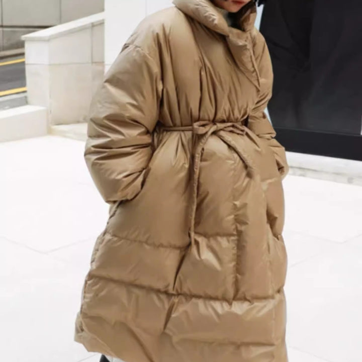 Women's Quilted Longline Parka with Wrap Tie Belt and Voluminous Sleeves Mune Fashion