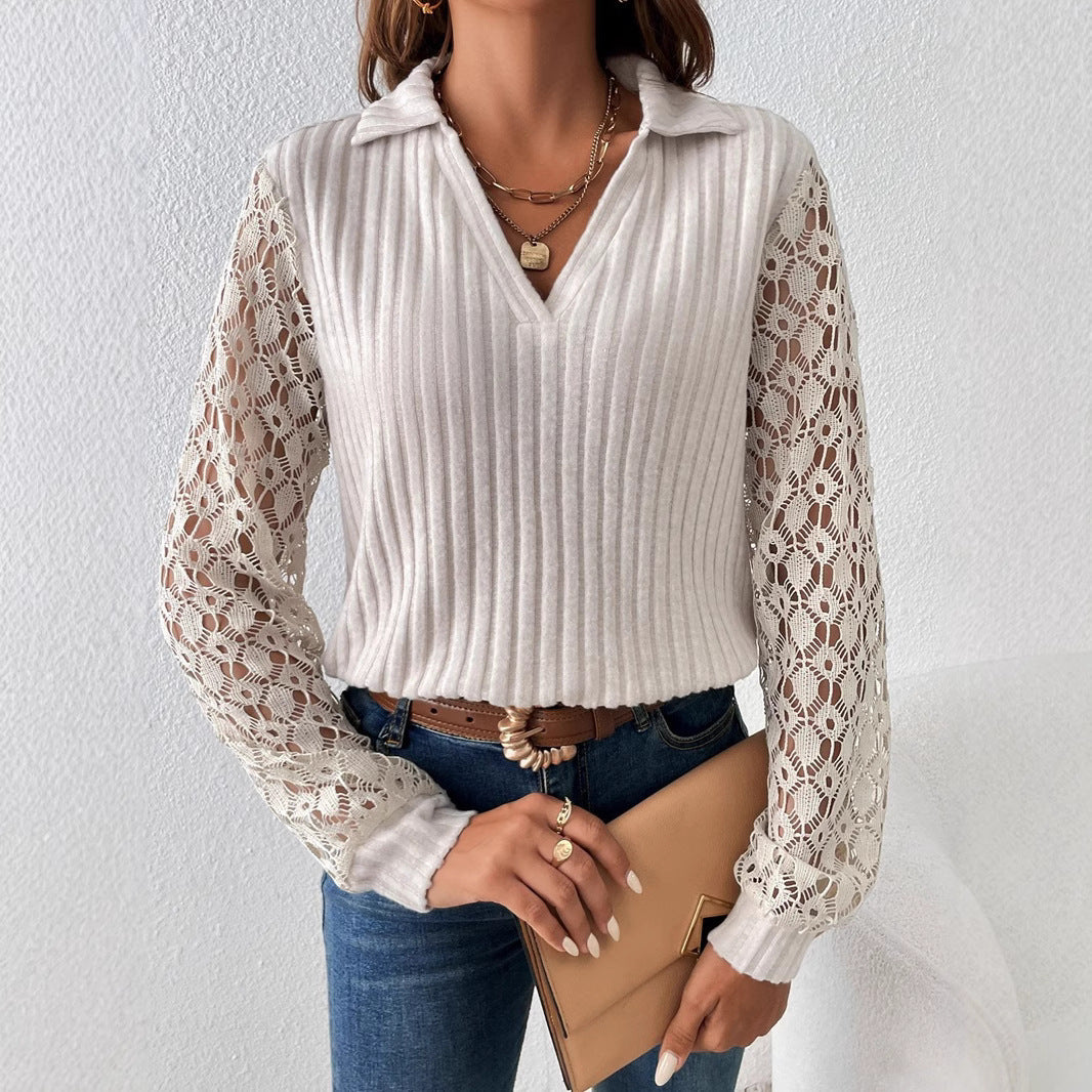Women's ribbed fine knit polo with crochet sleeves and V-neck Mune Fashion