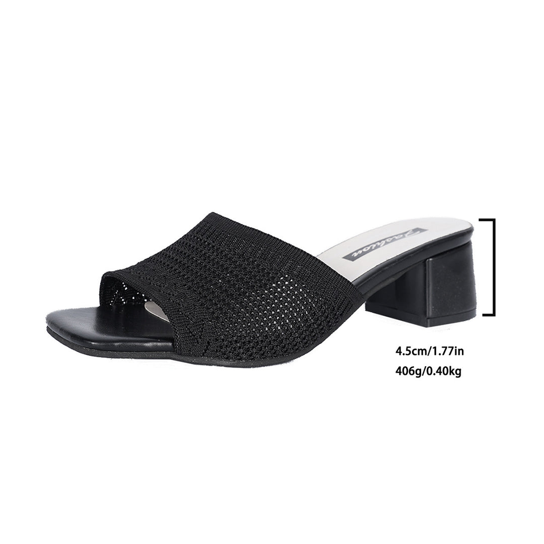 Women's airy knit slippers with square toe shape, padded comfort footbed, and mid-high block heel Mune Fashion