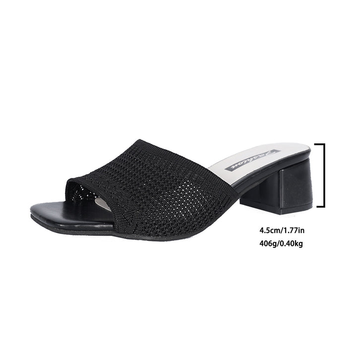 Women's airy knit slippers with square toe shape, padded comfort footbed, and mid-high block heel Mune Fashion