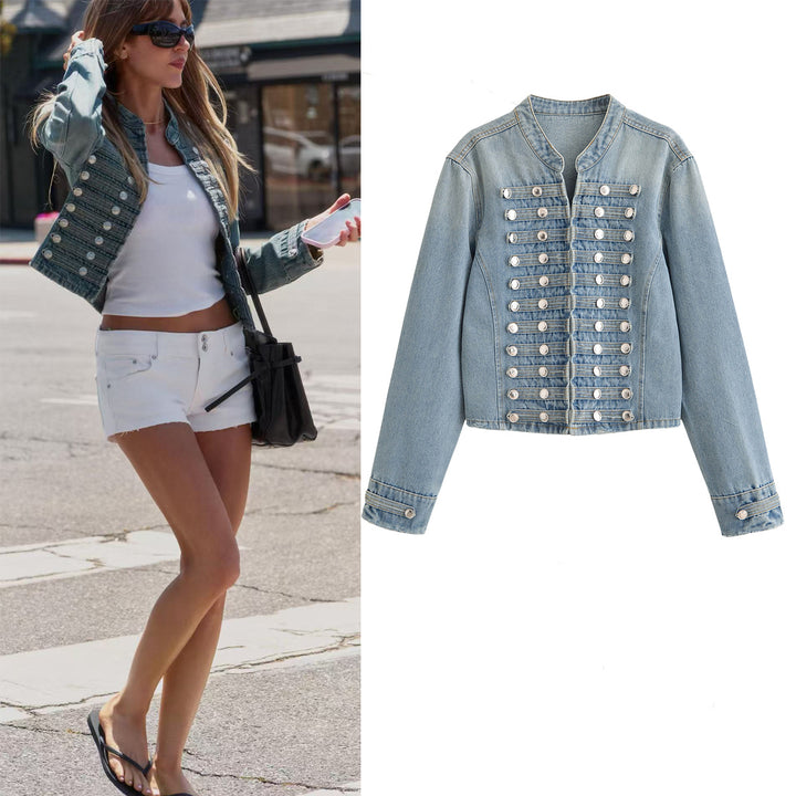 Women's short tailored denim jacket in military style with double decorative buttons Mune Fashion