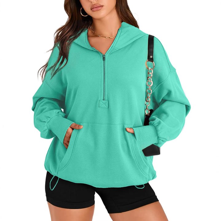 Women's Oversize Half-Zip Hoodie with Drawstring and Kangaroo Pocket Mune Fashion