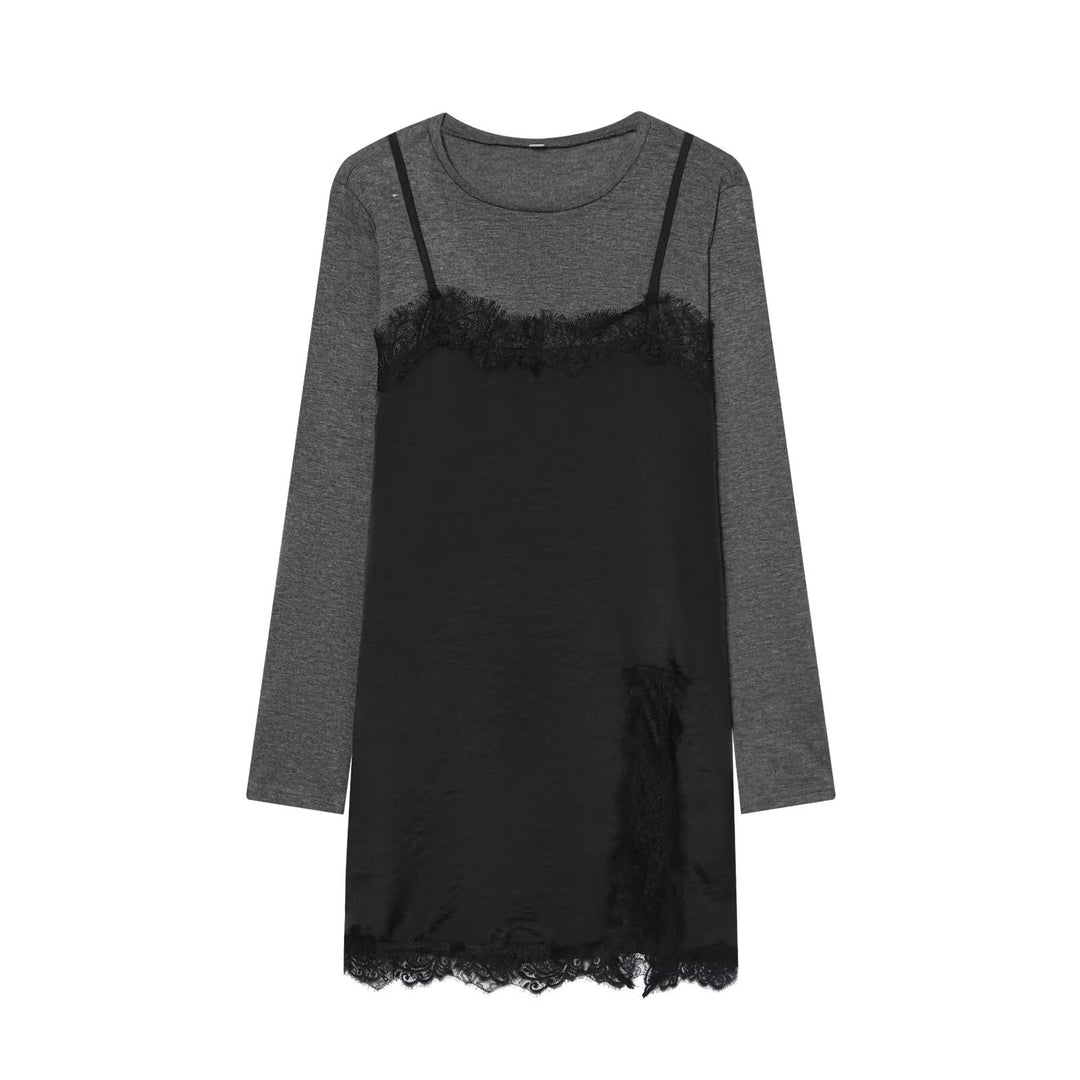 Women's Layered Look Long Sleeve with Satin Slip Insert and Lace Trim Mune Fashion