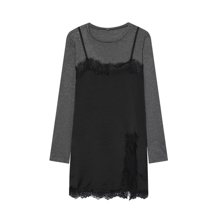 Women's Layered Look Long Sleeve with Satin Slip Insert and Lace Trim Mune Fashion