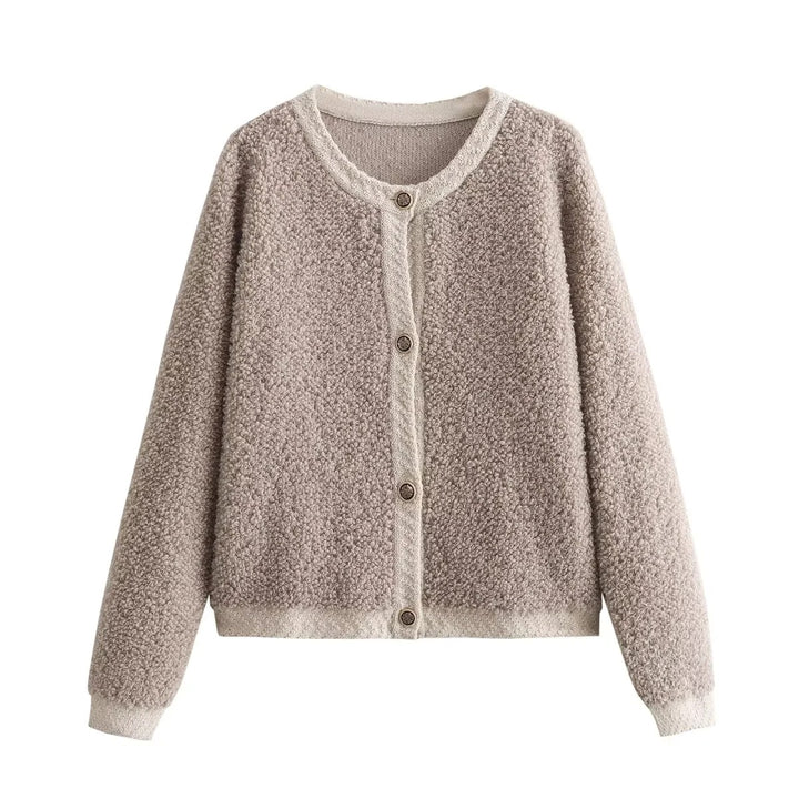 Women Boucle Cardigan with Button Placket and Round Neck Mune Fashion