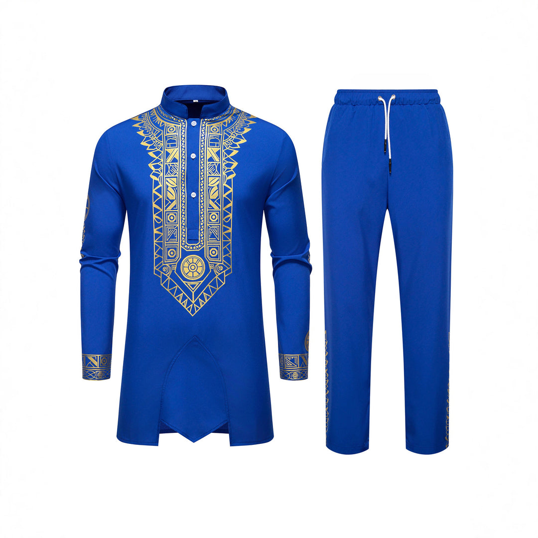 Men's Traditional Long Sleeve Kurta Set with Stand Collar, Gold Ornament Print and Drawstring Pants Mune Fashion