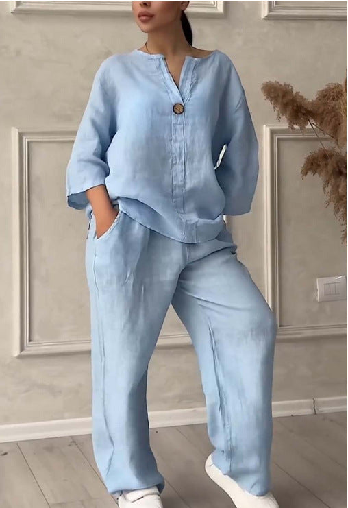 Women's casual linen relax set with wide pants and shirt blouse Mune Fashion