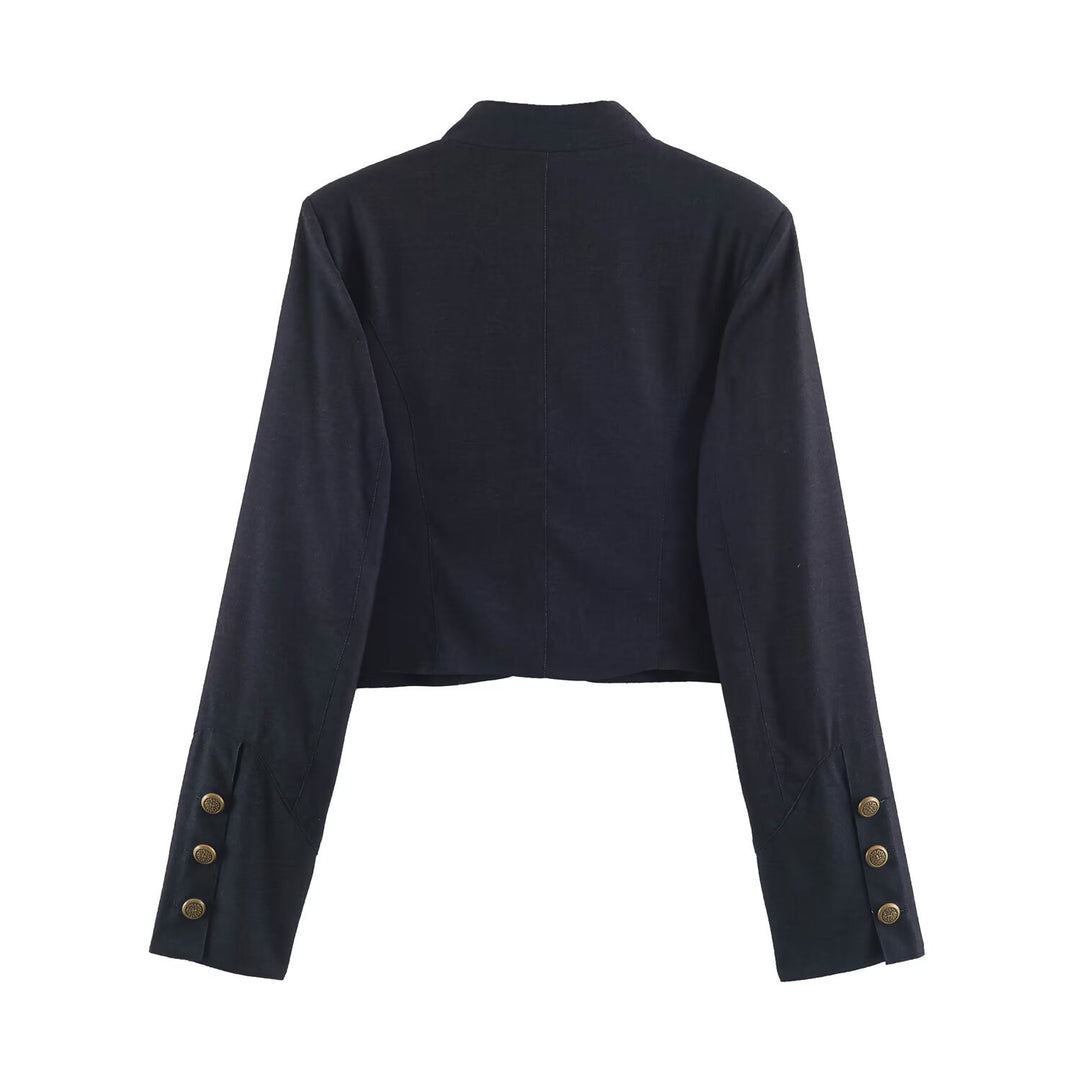 Women Short Bolero Blazer with Lace Front and Decorative Button Details Drune