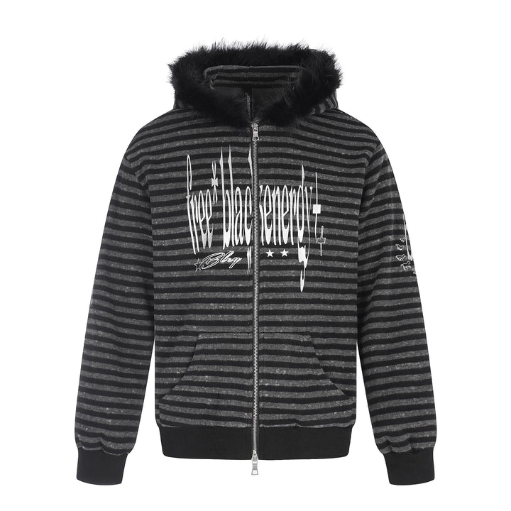 Unisex hoodie zip jacket with faux fur trim, striped pattern and front print Mune Fashion