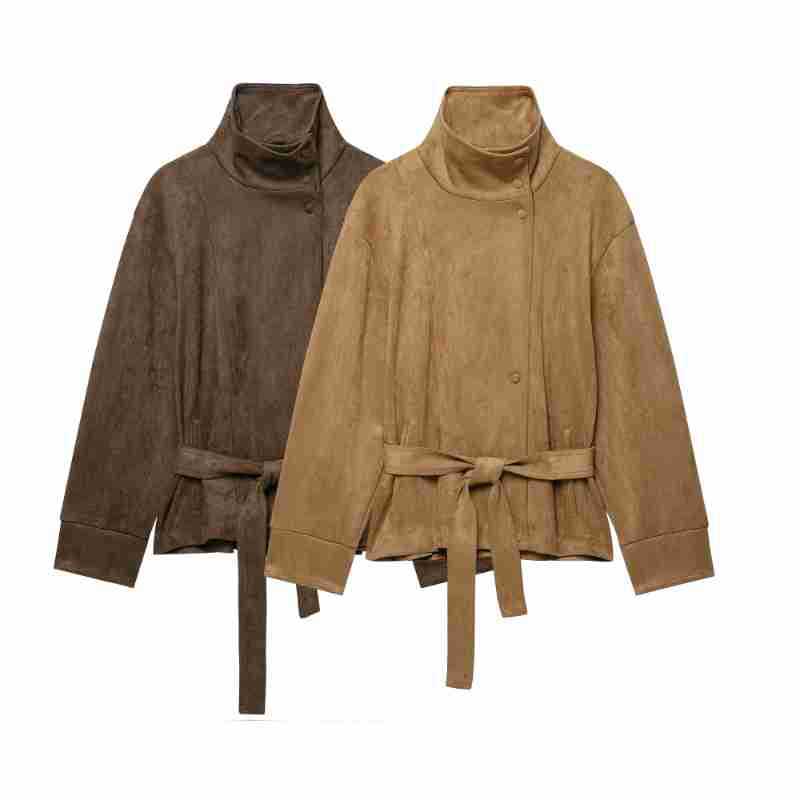 Women Short Velvet Look Jacket with High Funnel Neck, Snap Button Placket and Tie Belt Mune Fashion