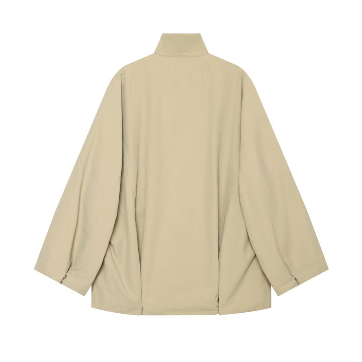 Women Oversized Rain Jacket in Cape Style with Stand-Up Collar and Snap Button Placket Mune Fashion