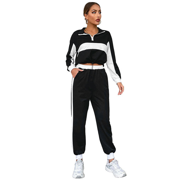 Women's Sportives Crop Training Set with Half-Zip, Contrast Stripes & Drawstring Pants Mune Fashion