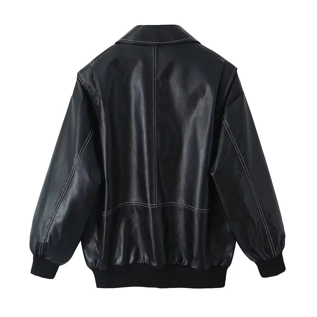 Women's fitted faux leather bomber jacket with contrast quilting and zipper Mune Fashion